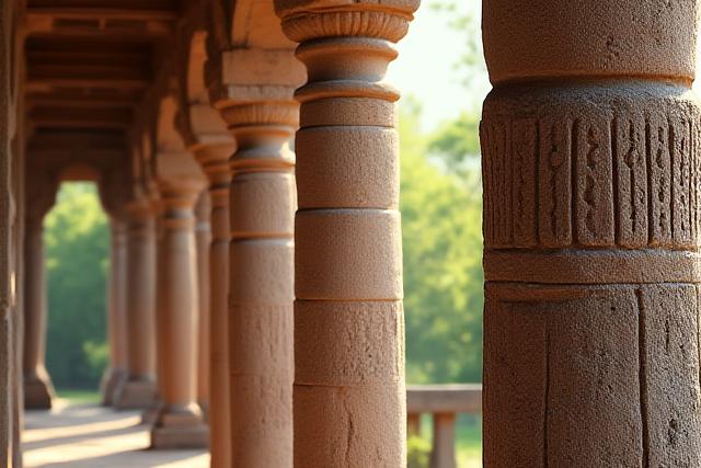 ಗುಡಿಗಟ್ಟಿದ ಭಾರತೀಯ ದೇವಾಲಯದ ಕಂಬಗಳು ಮತ್ತು ಲಿಪಿಯ ವಿವರಗಳು