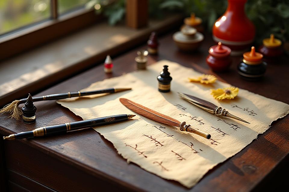 Calligraphy pens and inks on an antique wooden desk, representing the tools and services offered by Nibana Pages.